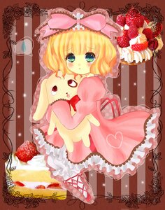 Rating: Safe Score: 0 Tags: 1girl blonde_hair blue_eyes blush bow cake dress flower food fruit heart hinaichigo image pantyhose pink_bow pink_rose rose short_hair solo strawberry stuffed_animal User: admin