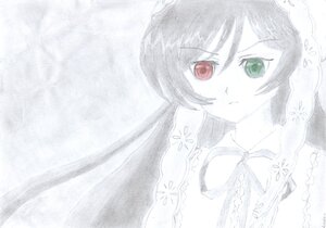Rating: Safe Score: 0 Tags: 1girl :< blush dress frills green_eyes heterochromia image long_hair looking_at_viewer monochrome red_eyes ribbon solo spot_color suiseiseki twintails User: admin