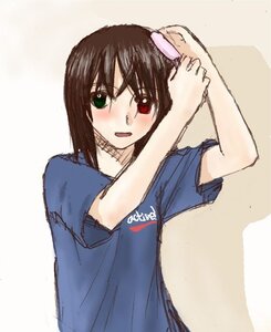 Rating: Safe Score: 0 Tags: 1girl bangs blue_shirt blush brown_hair green_eyes heterochromia image looking_at_viewer red_eyes shirt short_sleeves simple_background solo souseiseki User: admin