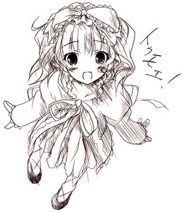 Rating: Safe Score: 0 Tags: 1girl :d blush bow dress from_above full_body hinaichigo image long_sleeves looking_at_viewer monochrome open_mouth ribbon simple_background smile solo standing white_background User: admin