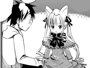 Rating: Safe Score: 0 Tags: 1boy 1girl animal_ears blush capelet cat_ears greyscale hair_ribbon hood hoodie image long_hair monochrome open_mouth ribbon shinku solo twintails User: admin