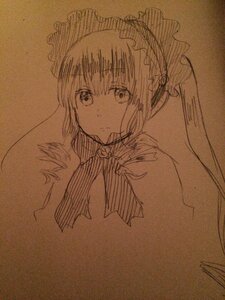 Rating: Safe Score: 0 Tags: 1girl bangs bow brown_background closed_mouth eyebrows_visible_through_hair hairband image long_hair looking_at_viewer monochrome shinku smile solo traditional_media User: admin