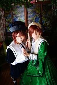 Rating: Safe Score: 0 Tags: 2girls brown_hair dress flower green_dress green_eyes hat holding_hands long_sleeves looking_at_viewer multiple_cosplay multiple_girls siblings sisters smile souseiseki suiseiseki tagme twins User: admin