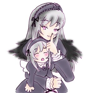 Rating: Safe Score: 0 Tags: 2girls black_dress black_wings cheek_poking dress feathered_wings finger_to_mouth flower hairband image index_finger_raised long_hair long_sleeves looking_at_viewer multiple_girls pink_eyes poking silver_hair simple_background smile solo suigintou white_background wings User: admin
