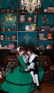 Rating: Safe Score: 0 Tags: blonde_hair brown_hair closed_eyes couch dress flower green_dress holding_hands long_hair multiple_cosplay multiple_girls sitting suiseiseki tagme white_legwear User: admin