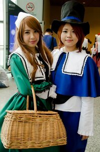 Rating: Safe Score: 0 Tags: 2girls basket blonde_hair brown_hair dress hat lips long_hair multiple_cosplay multiple_girls photo smile tagme User: admin