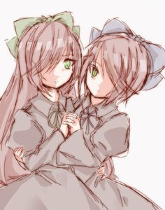 Rating: Safe Score: 0 Tags: 2girls bow dress green_eyes hair_bow hair_over_one_eye holding_hands image long_hair long_sleeves looking_at_viewer multiple_girls pair ponytail short_hair sketch souseiseki suiseiseki User: admin