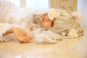 Rating: Safe Score: 0 Tags: 1girl blurry closed_mouth depth_of_field flower grey_eyes hair_flower hair_ornament kirakishou lips lying solo white_flower white_hair white_rose User: admin