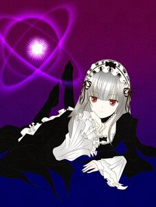 Rating: Safe Score: 0 Tags: 1girl bangs black_dress detached_collar dress frills gothic_lolita hairband image legs_up lolita_fashion long_hair long_sleeves looking_at_viewer lying red_eyes ribbon silver_hair solo suigintou User: admin