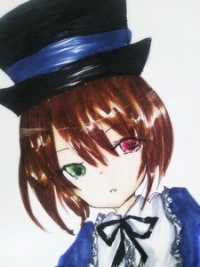 Rating: Safe Score: 0 Tags: 1girl bangs black_headwear blue_dress brown_hair eyebrows_visible_through_hair green_eyes hat heterochromia image looking_at_viewer red_eyes ribbon short_hair simple_background solo souseiseki white_background User: admin
