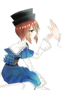 Rating: Safe Score: 0 Tags: black_headwear blue_dress brown_hair capelet dress green_eyes hat image long_sleeves pantyhose short_hair sitting solo solo_focus souseiseki striped striped_background white_legwear User: admin