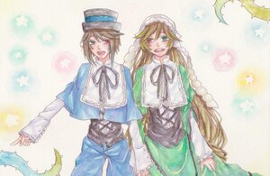 Rating: Safe Score: 0 Tags: 2girls blonde_hair brown_hair capelet dress green_eyes hat image long_hair multiple_girls open_mouth pair short_hair siblings sisters smile souseiseki star_(symbol) suiseiseki twins very_long_hair watercolor_(medium) User: admin