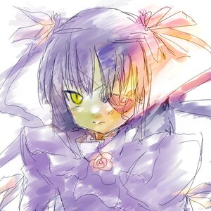 Rating: Safe Score: 0 Tags: 1girl barasuishou dress hair_ribbon image looking_at_viewer purple_hair ribbon short_hair solo upper_body white_ribbon yellow_eyes User: admin