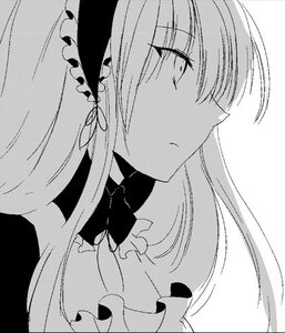 Rating: Safe Score: 0 Tags: 1girl bangs blush bow closed_mouth detached_collar dress eyebrows_visible_through_hair frills greyscale hairband image long_hair monochrome profile simple_background solo suigintou User: admin
