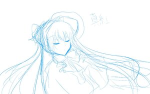 Rating: Safe Score: 0 Tags: 1girl bow bowtie capelet dress hat image long_hair long_sleeves monochrome shinku sketch solo striped striped_background upper_body very_long_hair User: admin