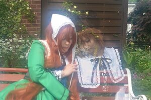 Rating: Safe Score: 0 Tags: apron brown_hair closed_eyes dress green_dress head_scarf long_hair long_sleeves multiple_cosplay multiple_girls plant suiseiseki tagme tree User: admin