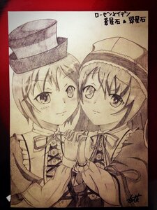 Rating: Safe Score: 0 Tags: 2girls black_border border eyebrows_visible_through_hair hat holding_hands image interlocked_fingers long_hair long_sleeves looking_at_viewer monochrome multiple_girls neck_ribbon pair ribbon short_hair siblings sisters smile souseiseki suiseiseki twins User: admin