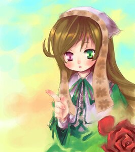 Rating: Safe Score: 0 Tags: 1girl :o blush brown_hair dress flower frills green_dress green_eyes hat head_scarf heterochromia image index_finger_raised long_hair long_sleeves looking_at_viewer red_eyes rose solo suiseiseki upper_body User: admin