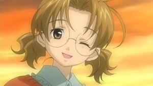 Rating: Safe Score: 0 Tags: 1girl :d auto_tagged blush brown_eyes brown_hair eyebrows_visible_through_hair glasses human looking_at_viewer one_eye_closed open_mouth orange_background sakurada_nori screenshot smile solo sunset User: admin