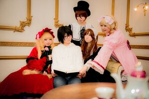 Rating: Safe Score: 0 Tags: 4girls 91076 bangs black_hair blonde_hair bow brown_hair closed_eyes dress glasses hat long_hair long_sleeves multiple_cosplay multiple_girls pants red_lips short_hair smile tagme wide_sleeves User: admin