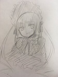 Rating: Safe Score: 0 Tags: 1girl bowtie capelet dress eyebrows_visible_through_hair image long_hair long_sleeves looking_at_viewer monochrome ribbon shinku simple_background sketch solo upper_body white_background User: admin