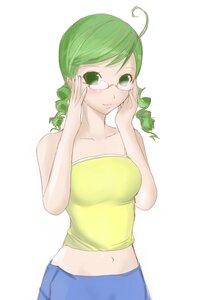 Rating: Safe Score: 0 Tags: 1girl adjusting_eyewear ahoge bare_shoulders blush breasts camisole chemical-x collarbone drill_hair glasses green_eyes green_hair image kanaria looking_at_viewer midriff navel rozen_maiden smile solo striped twin_drills User: admin