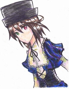 Rating: Safe Score: 0 Tags: 1girl brown_hair dress green_eyes hat heterochromia image looking_at_viewer nishizumi_maho red_eyes short_hair solo souseiseki traditional_media upper_body white_background User: admin
