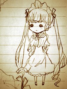 Rating: Safe Score: 0 Tags: 1girl auto_tagged blush dress frills full_body image long_hair long_sleeves looking_at_viewer maid_headdress monochrome shinku solo standing tile_floor tiles twintails User: admin