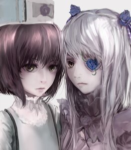 Rating: Safe Score: 0 Tags: 2girls bangs barasuishou blue_flower blue_rose closed_mouth flower green_eyes hair_ornament hat image long_hair looking_at_viewer mini_hat multiple_girls rose short_hair solo User: admin