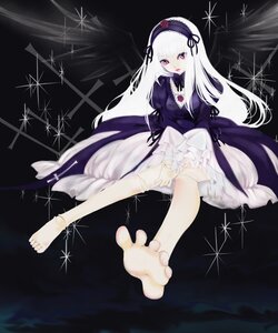 Rating: Safe Score: 0 Tags: 1girl barefoot chiko_(iroha) commentary_request cross doll_joints dress feet flower frills hairband highres image joints juliet_sleeves long_hair long_sleeves looking_at_viewer painttool_sai_(medium) puffy_sleeves purple_eyes red_eyes rose rozen_maiden silver_hair soles solo sparkle suigintou wings User: admin