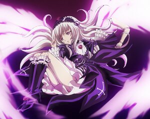 Rating: Safe Score: 0 Tags: 1girl boots dress frills hairband image long_hair long_sleeves looking_at_viewer pink_eyes ribbon silver_hair solo suigintou wings User: admin