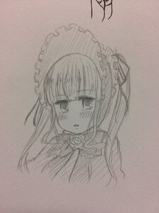 Rating: Safe Score: 0 Tags: 1girl bangs blush bonnet eyebrows_visible_through_hair flower image long_hair looking_at_viewer monochrome open_mouth photo shinku simple_background sketch solo traditional_media User: admin