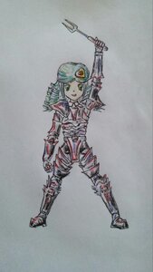 Rating: Safe Score: 0 Tags: 1girl armor full_body green_eyes green_hair helmet image kanaria shoulder_armor solo standing traditional_media weapon User: admin