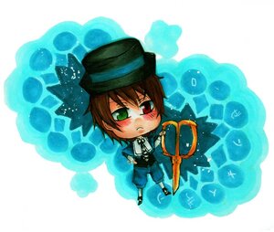 Rating: Safe Score: 0 Tags: 1boy brown_hair chibi green_eyes hat heterochromia pants red_eyes solo souseiseki standing User: admin