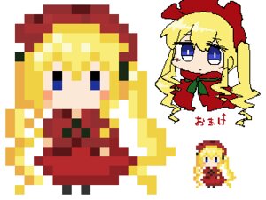 Rating: Safe Score: 0 Tags: 1girl blonde_hair blue_eyes bow bowtie chibi dress image long_hair long_sleeves looking_at_viewer pixel_art red_dress shinku solo white_background User: admin