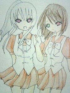Rating: Safe Score: 0 Tags: 2girls bow bowtie image long_hair multiple_girls open_mouth pair pleated_skirt school_uniform short_hair simple_background sisters skirt smile souseiseki standing suigintou traditional_media twins User: admin