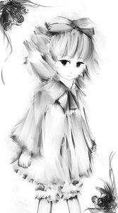 Rating: Safe Score: 0 Tags: 1girl bow dress fujiwara_no_mokou greyscale hair_bow hair_ribbon hinaichigo image kagiyama_hina long_hair monochrome ribbon simple_background smile solo striped torn_clothes User: admin