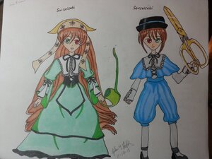 Rating: Safe Score: 0 Tags: 2girls blue_dress bow brown_hair dress green_dress green_eyes hat head_scarf heterochromia image long_hair long_sleeves looking_at_viewer multiple_girls pair red_eyes short_hair siblings simple_background sisters souseiseki standing suiseiseki top_hat twins very_long_hair User: admin
