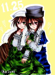 Rating: Safe Score: 0 Tags: 2girls brown_hair dress frills green_dress green_eyes hat head_scarf heart heterochromia holding_hands image long_hair long_sleeves looking_at_viewer multiple_girls pair red_eyes short_hair siblings sisters souseiseki suiseiseki top_hat twins very_long_hair yellow_background User: admin