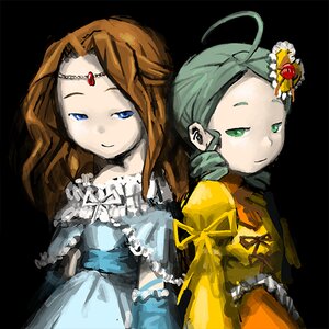 Rating: Safe Score: 0 Tags: 2girls black_background blue_eyes brown_hair crown dress gloves green_eyes green_hair image kanaria long_hair multiple_girls smile solo User: admin