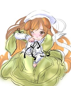 Rating: Safe Score: 0 Tags: 1girl blush brown_eyes dress green_dress hat head_scarf image long_hair long_sleeves one_eye_closed orange_hair solo suiseiseki User: admin