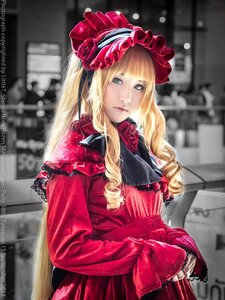 Rating: Safe Score: 0 Tags: 1girl artist_name bangs blonde_hair blurry blurry_background bonnet depth_of_field dress drill_hair flower frills long_hair looking_at_viewer photo realistic red_dress ringlets rose shinku solo watermark User: admin