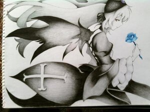 Rating: Safe Score: 0 Tags: 1girl blue_flower blue_rose dress flower hat holding_flower image long_sleeves monochrome photo profile rose short_hair solo suigintou traditional_media wings User: admin