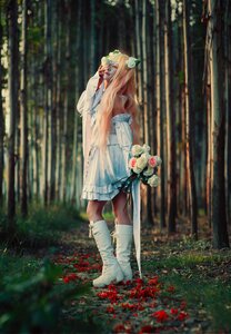 Rating: Safe Score: 0 Tags: 1girl animal_ears boots dress flower forest full_body hair_ornament holding kirakishou leaf long_hair long_sleeves nature outdoors solo standing tail white_dress white_footwear User: admin