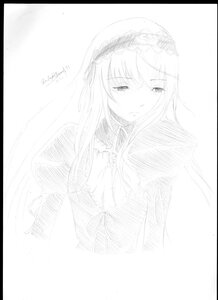 Rating: Safe Score: 0 Tags: 1girl black_border blush border dress frills hairband image juliet_sleeves letterboxed long_hair long_sleeves looking_at_viewer monochrome simple_background solo suigintou upper_body white_background User: admin
