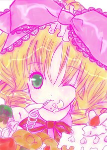Rating: Safe Score: 0 Tags: 1girl alice_margatroid blonde_hair bow close-up food frills green_eyes hat hinaichigo image kirisame_marisa one_eye_closed solo User: admin