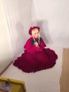 Rating: Safe Score: 0 Tags: 1girl blonde_hair blue_eyes bonnet curtains dress long_hair long_sleeves red_dress shinku sitting solo User: admin