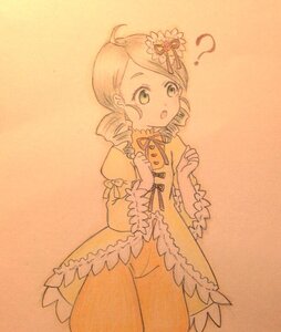 Rating: Safe Score: 0 Tags: 1girl :o ? dress drill_hair flower hair_ornament image juliet_sleeves kanaria long_sleeves monochrome open_mouth orange_background puffy_sleeves simple_background solo tomoe_mami traditional_media twin_drills User: admin