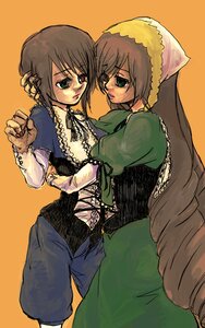 Rating: Safe Score: 0 Tags: 2girls blush brown_hair dress frills green_dress green_eyes head_scarf image long_hair long_sleeves multiple_girls orange_background pair short_hair siblings simple_background sisters souseiseki suiseiseki twins yuri User: admin