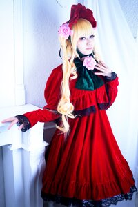 Rating: Safe Score: 0 Tags: 1girl blonde_hair blue_eyes bonnet bow curtains dress flower lips long_hair long_sleeves pantyhose pink_flower pink_rose red_dress rose shinku solo User: admin